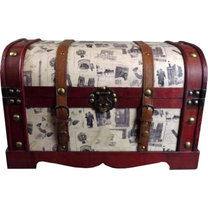 Mały Wiśniowy Kufer z Kremową Wstawką o Motywach Podróżniczych