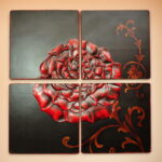 Czteroczęściowy Obraz Dekoracyjny na Ścianę Czerwona Róża na Czarnym Tle