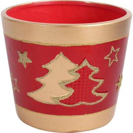 Świąteczna osłonka z ceramiki czerwona 2 choinki 15 cm II