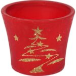 Świąteczna osłonka z ceramiki czerwona z choinką 15 cm IV