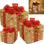 Zestaw Trzech Świątecznych Dekoracji Świetlnych w Kształcie Prezentów, Zasilanych na Baterie, Kolor Złoto-Czerwony