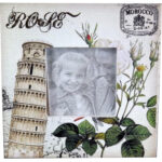 Stojąca ramka na zdjęcie z motywem kwiatowym i wieżą 14,5x14,5cm