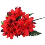 Bukiet sztucznych kwiatów 7 dalii z dodatkiem liści paproci w kolorze czerwonym - obrazek 2