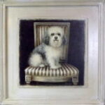 Obraz z pieskiem siedzącym na stołku 41x41 cm