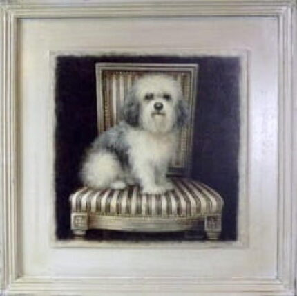 Obraz z pieskiem siedzącym na stołku 41x41 cm