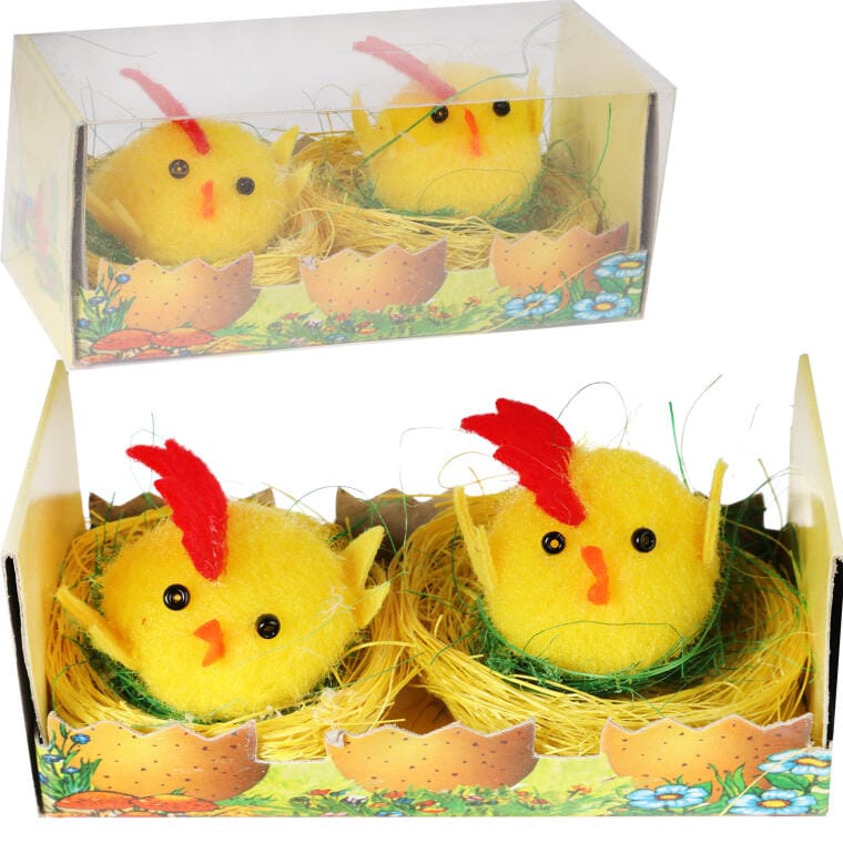 16-044A Zestaw Figurki Dekoracyjne Żółte Koguciki w Gniazdach 2 Sztuki, 6 cm - obrazek 1