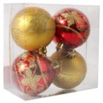 Komplet 4 Dekorowanych Bombek Świątecznych w Kolorach Złota i Czerwieni - obrazek 2