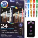 Świetlne Sople Dekoracyjne z Pilotem, 24 szt, Zmiana Kolorów (2 w 1), Zasilanie Sieciowe, Wielofunkcyjne, Zegar Czasowy, Do Użytku Wewnętrznego i Zewnętrznego