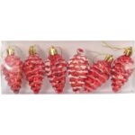 Czerwone Bombki Plastikowe w Kształcie Szyszek z Brokatem 6 cm - zestaw 6 sztuk - obrazek 2