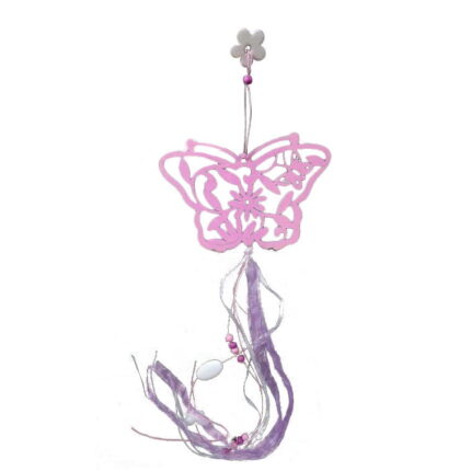 Różowy Drewniany Motyl z Wstążkami i Koralikami - Zawieszka Dekoracyjna