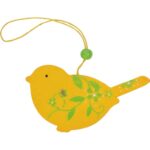 Komplet 3 Drewnianych Zawieszek w Kształcie Ptaków - Żółte z Zieloną Dekoracją - obrazek 2