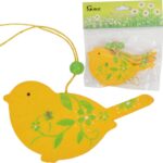 Komplet 3 Drewnianych Zawieszek w Kształcie Ptaków - Żółte z Zieloną Dekoracją