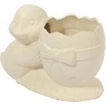 Wielkanocna Dekoracja - Biała Ceramiczna Doniczka w Kształcie Jajka z Kaczuszką - obrazek 3