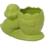Zielona, ceramiczna dekoracja wielkanocna - Doniczka w kształcie jajka z kaczką. - obrazek 3