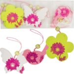 Zestaw 6 Dekoracyjnych Drewnianych Zawieszek Wielkanocnych w Kolorach Seledynowo-Biało-Różowych z Brokatem