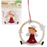 Zawieszka Drewniana: Czerwony Anioł w Kole - Witrazyk, Wysokość 12 cm