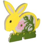 Figurka Wielkanocnego Zajączka z Pianki na Drewnianej Podstawie w Kolorach Żółto-Zielonym - obrazek 2