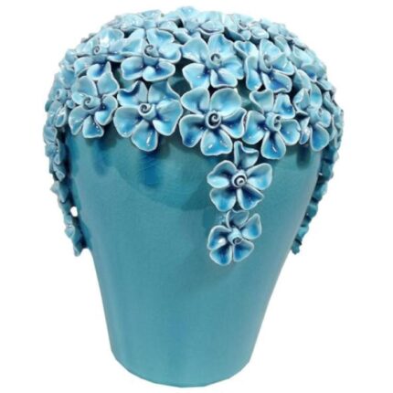 Niebieski Wazon z Miniaturowymi Kwiatami i Celowym Spękaniami, 23 cm