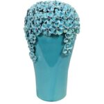 Niebieski Wazon z Ceramicznymi Kwiatami i Celowymi Spękaniem 33cm