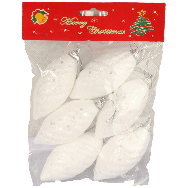 9179-050 Komplet 6 Białych Bombek Styropianowych w Kształcie Szyszek z Brokatem, 9 cm - obrazek 1