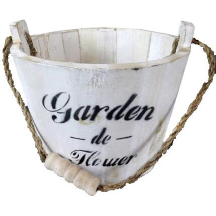 Białe Drewniane Wiaderko z Czarnym Nadrukiem i Uchwytem ze Sznurka 14x17.5 cm - Rozmiar Średni