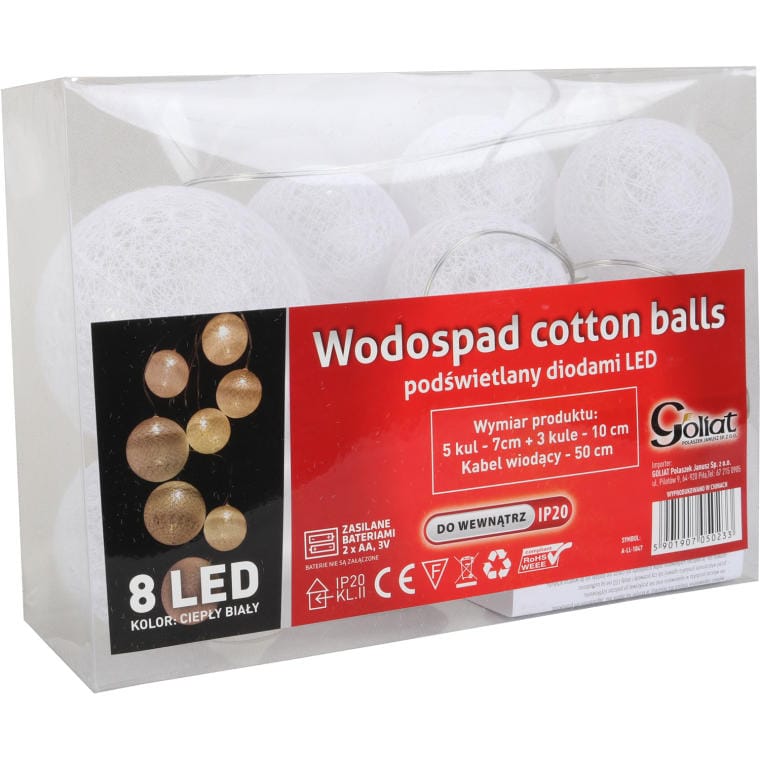 A-LL-1047 Podświetlany Wodospad Bawełnianych Kulek z 8 LED Białe Światło - Zasilanie Bateryjne - obrazek 1