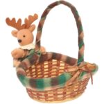 Owalny Koszyczek Świąteczny z Pluszowym Reniferem 20x17x16cm, Kolor Brązowo-Zielony - obrazek 2