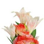 Elegancki Sztuczny Bukiet 9 Kwiatów Mix Róż i Lili w Kolorze Łososiowym o Wysokości 60 cm - obrazek 2