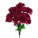 Bordowy Bukiet Sztucznych Chryzantem na Wszystkich Świętych - 18 Szczegółowych Kwiatów z Trawką