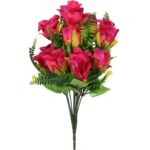 Sztuczny Bukiet 10 Róż w Kolorze Różowym z Paprotkami o Wysokości 40 cm