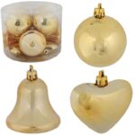Złoty Zestaw 12 Bombek Plastikowych o Różnych Kształtach: Bombka, Dzwonek, Serce