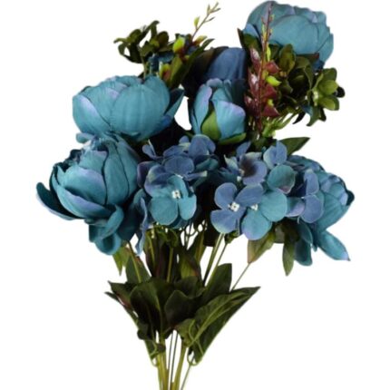 Bukiet 13 Piwonii z Hortensją w Kolorze Turkusowym, Wysokość 55 cm
