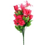 Bukiet Sztucznych Kwiatów - Róża i Lilia, 24 szt., 54 cm, Kolor Ciemno Różowy