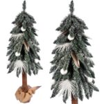 Biały Świąteczny Drzewko Dekorowane Brokatem i Bombkami na Naturalnym Pniu OLA 100 cm