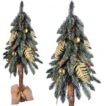 Ekskluzywna Złota Choinka Bożonarodzeniowa na Naturalnym Pniu 100 cm z Brokatowymi Dekoracjami