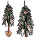 Różowa Choinka Świąteczna Ekskluzywna z Naturalnym Pniem i Brokatowymi Dekoracjami, 100 cm