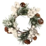 Wianek ośnieżony z białymi kulkami i szyszkami 13 cm.