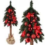 Ekskluzywna Choinka Bożonarodzeniowa na Naturalnym Pniu z Czerwoną Dekoracją, 100 cm