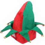 Filcowa Czapka Skrzata w Kolorach Zielonym i Czerwonym z Dzwoneczkami 33x29cm - obrazek 2