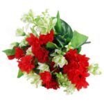 BUKIET 12 DROBNYCH DALII Z DUŻYMI LIŚĆMI 42 CM CZERWONO ZIELONY - obrazek 3