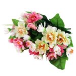 BUKIET 12 DROBNYCH DALII Z DUŻYMI LIŚĆMI 42 CM RÓŻOWO BIAŁY - obrazek 3