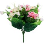 BUKIET 12 DROBNYCH DALII Z DUŻYMI LIŚĆMI 42 CM RÓŻOWO BIAŁY