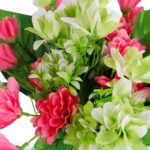 BUKIET 12 DROBNYCH DALII Z DUŻYMI LIŚĆMI 42 CM RÓŻOWO ZIELONY - obrazek 2