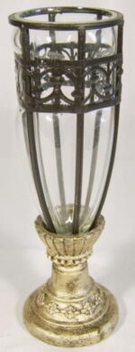 Wazon szklany z czarną metaloplastyką na złotej podstawie 28x8 cm - obrazek 2