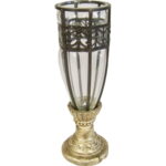 Wazon szklany z czarną metaloplastyką na złotej podstawie 28x8 cm