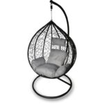 Fotel wiszący ogrodowy F-03 z poduszkami, stelażem stalowym i designem typu kokon, kolor czarno-szary PL