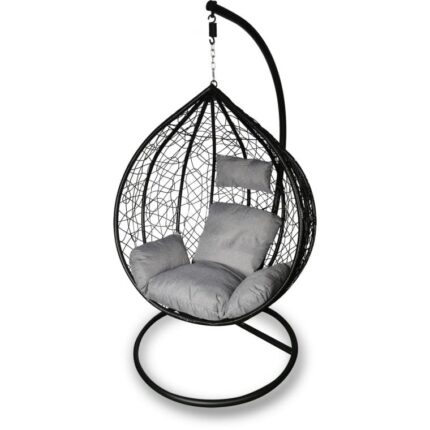Fotel wiszący ogrodowy F-03 z poduszkami, stelażem stalowym i designem typu kokon, kolor czarno-szary PL
