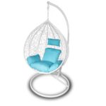 Biało-niebieski Fotel Bujany Kokon Ogrodowy z Poduszkami i Stalowym Stelażem F-03