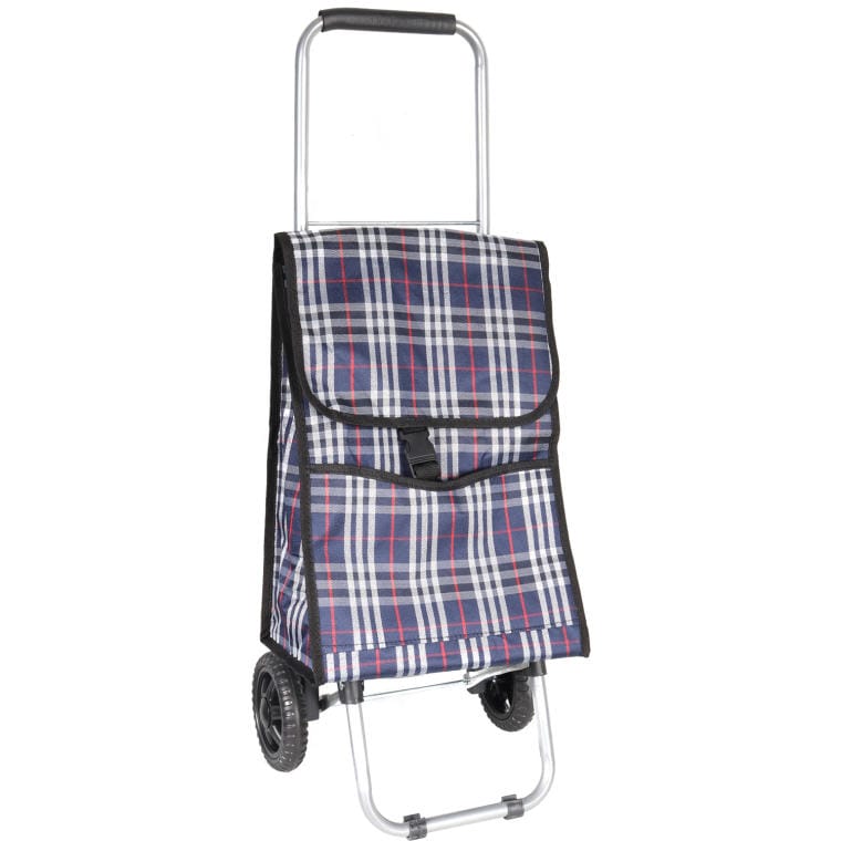 F1-10484Bgranatowy Wysokiej Jakości Wózek na Zakupy z Torbą na Kółkach w Kolorze Granatowym z Kratką - obrazek 1