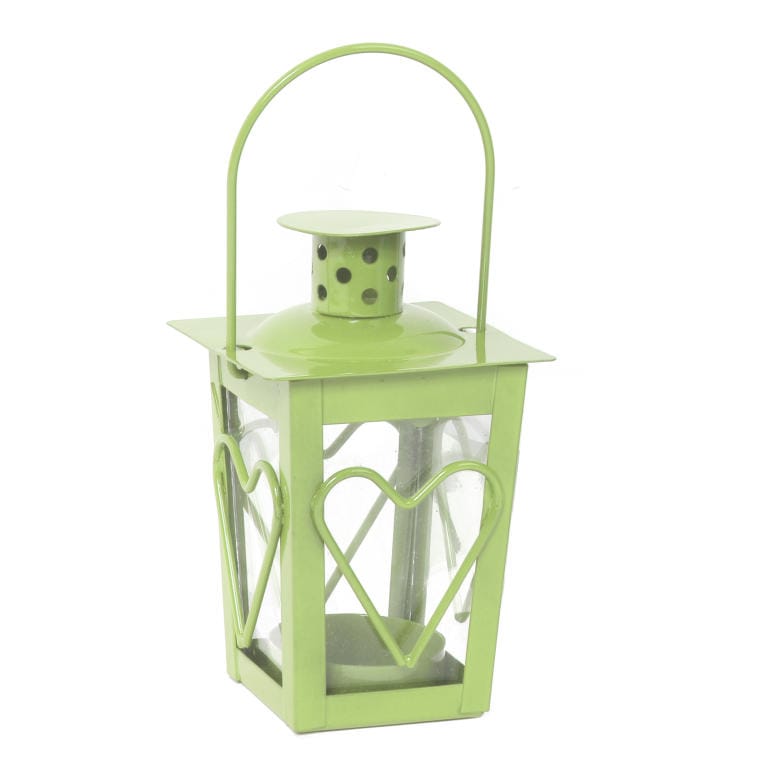 F730WZ Zielona Metalowo-Szklana Latarnia na Świeczki Tealight z Serduszkiem - obrazek 1